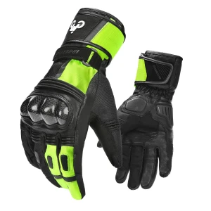 INBIKE Winter Goat Skin Leather Motorcycle Gloves，Waterproof Windproof Cold Weather Thermal Black&Green Medium