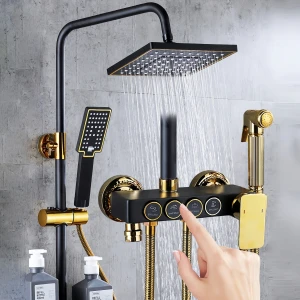 Bathtub Faucet Hot Cold Bathroom Tap Thermostatic Square Bathroom Black Gold Shower Set