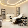 Cream White Curved Salon Reception Desk Surround LED Light Strip Modern Custom Logo Front Counter For Beauty Salon Spa