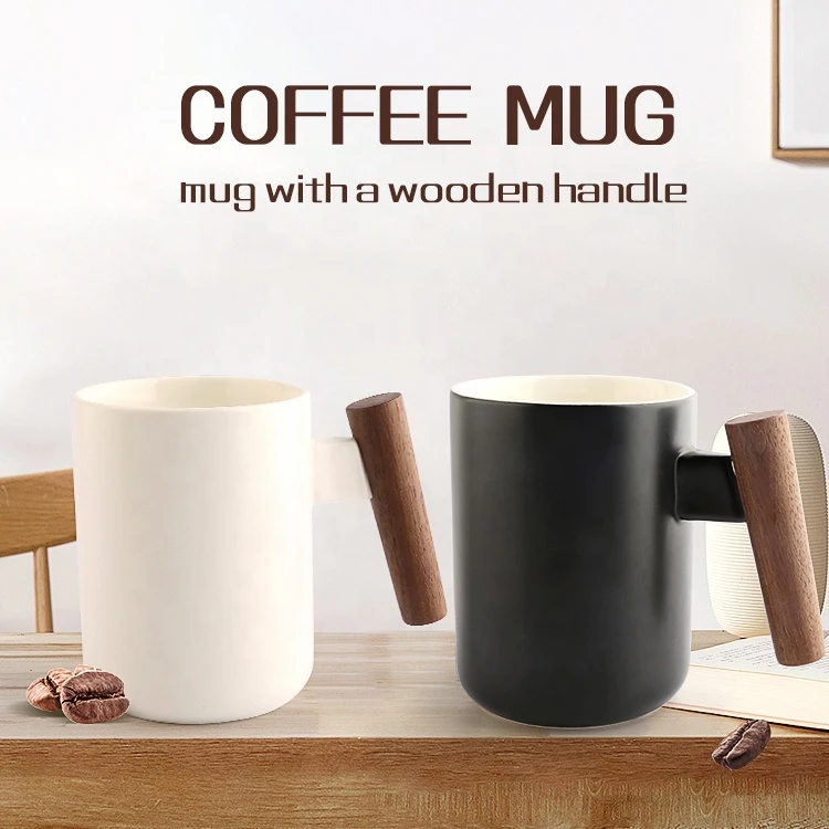 12oz New Arrival  Ceramic Coffee  Mug Cups With Wooden Handle