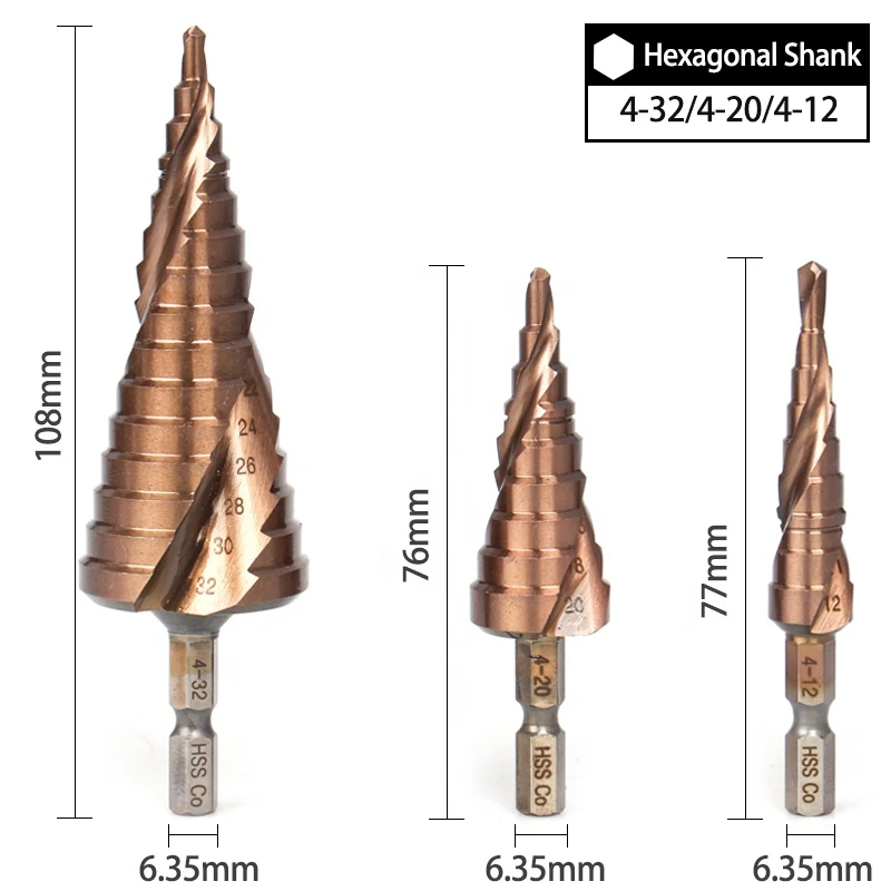 15Steps 4-32mm High Speed Steel Cobalt Coated Hex Shank Spiral Grooved Metal HSS M35 Conical Drill Bits Step Cone Cutter Tools