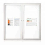 2-Door Satin Aluminum Frame Enclosed Recycled Rubber Whiteboard Bulletin Board with glass doors