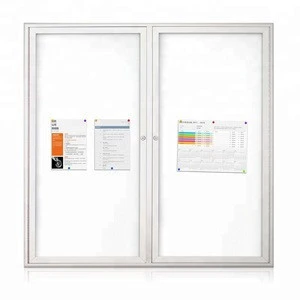 2-Door Satin Aluminum Frame Enclosed Recycled Rubber Whiteboard Bulletin Board with glass doors