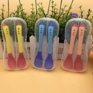 2 Pack BPA Free Feeding Dinnerware Warm Temperature Colour Fork Silicone Spoon for Baby