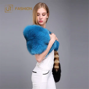 2018 hot selling Jtfur Wholesale blue real fur shawl women fluffy fox fur stole