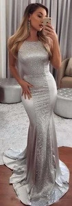 2018 Sexy Open Back Straps Silver Ladies Party Wear Gowns Long Dresses Evening Prom Wear