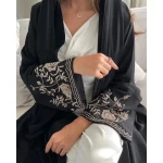 2024 hot style embroidery flower sleeve cuff black color open long style abaya for muslim women