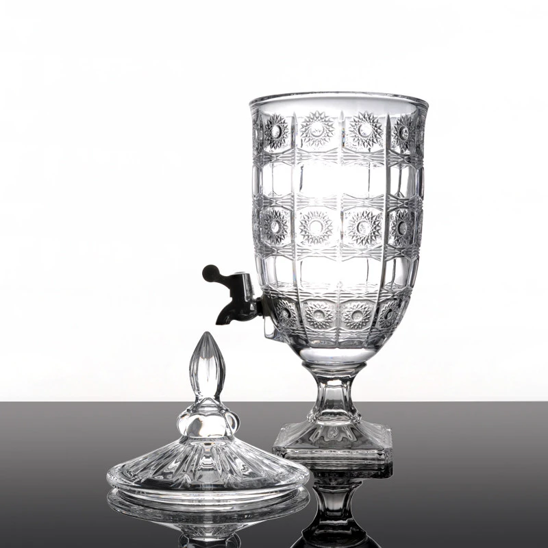 2.5L Diamond pattern glass juice beverage dispenser jar with glass lid and tap