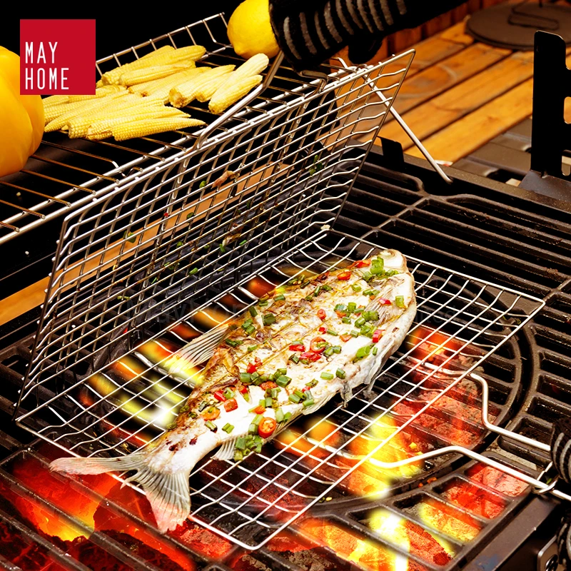 304 stainless steel grilling basket fish barbecue grill basket with TPR handle