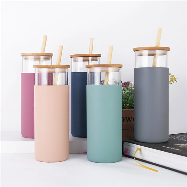 500ml Glass water tumbler bottle with bamboo lid and silicone sleeve