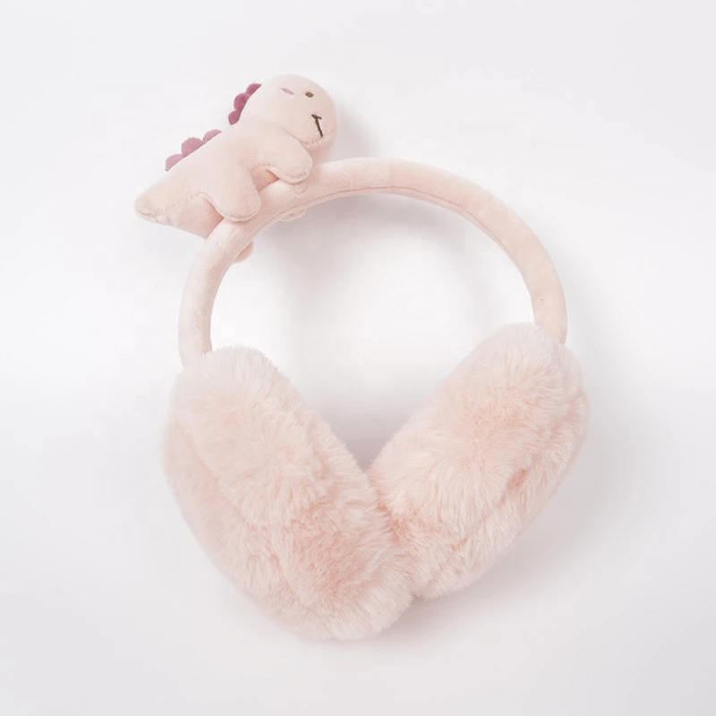 Adjustable Ladies Girls Cute Pink Dinosaur Plush Headband Fur Ear Muffs Fashion Soft Faux Fur Earmuffs Winter