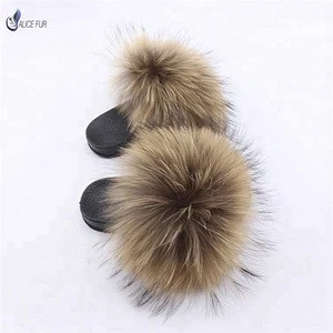 ALICEFUR Children Fox Fur Slippers,Kids Real Fur Sandals thick Fluffy Fox Fur Slides