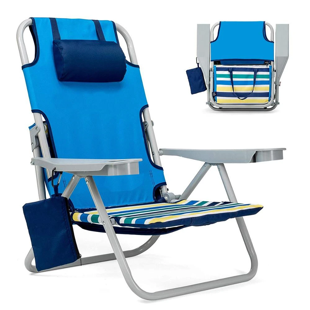 Aluminum Folding and Reclining Beach Chair with Cooler, Backpack Straps, Storage Pouch and Cup Holder