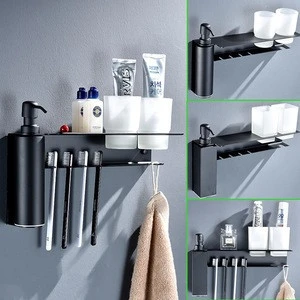 Black Multi-function Liquid Hand Soap Dispenser Shelf with Toothbrush Holder & Paper Holder 300ml Bathroom Soap Pump Bottle