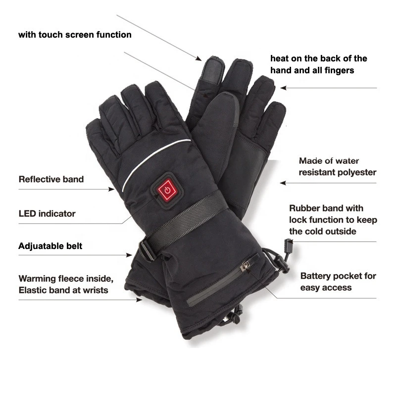 Black Rechargeable Battery Electric Heating Sports Heated Gloves with Touch Screen Function