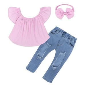 Bow headdress pink shoulder shirt hole jeans 3 piece baby girls summer clothing set