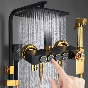 Button digital display constant temperature shower set bathroom household shower set bathroom pressurized shower head black gold