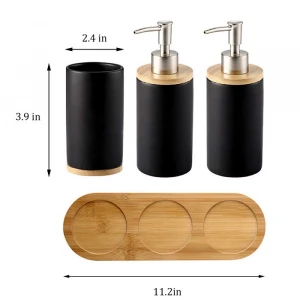 Ceramic Black Bathroom Accessories Set with Bamboo Tray