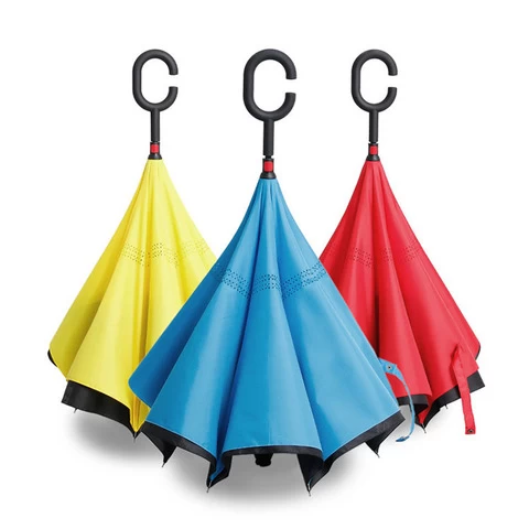 CHUVABAND New Wholesale Custom Logo Printed Double Fabric Windproof C shape Handle Upside Down Inverted Reverse Rain Umbrella