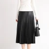 Classic Black A-line Long Skirt Real leather Pleated Skirt Woman