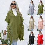 Clothing Wholesale Women Hooded Tank Top Pullover with Fringed Hem Knit Poncho Lady Tassel Shawl Cotton Casual Polyester Woven