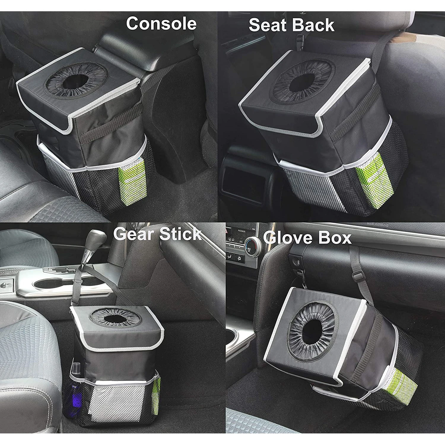 Collapsible Portable Car Garbage Bin Black Car Trash Can with Lid Car Trash Bag Hanging with Storage Pockets