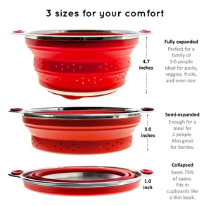 Combo of Collapsible Colander &amp; Folding Funnel Each Folds to 1 Inch Red Strainer 100% Food Grade Silicone and BPA Free