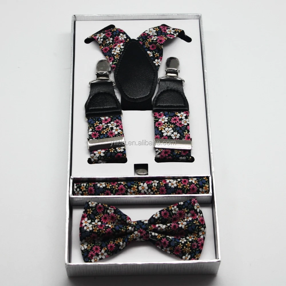 Custom made cotton printed floral bow tie and suspender gift set for men