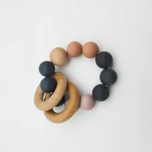 Custom silicone beads toys silicone baby teether with 2 wooden bracelet