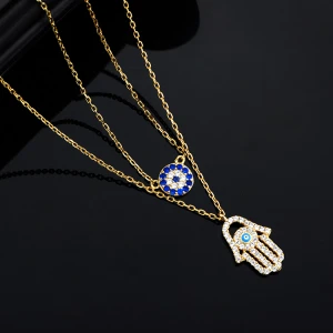 Custom Women 925 Sterling Silver Gold Plated Link Chain18K Multilayer Hamsa Hand Evils Eye Layered Necklace Jewelry Wholesale