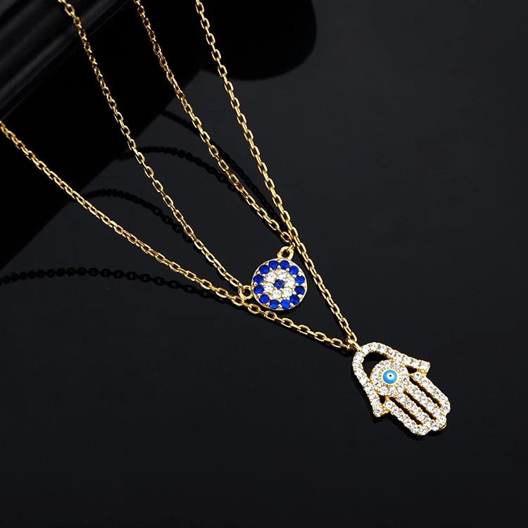 Custom Women 925 Sterling Silver Gold Plated Link Chain18K Multilayer Hamsa Hand Evils Eye Layered Necklace Jewelry Wholesale