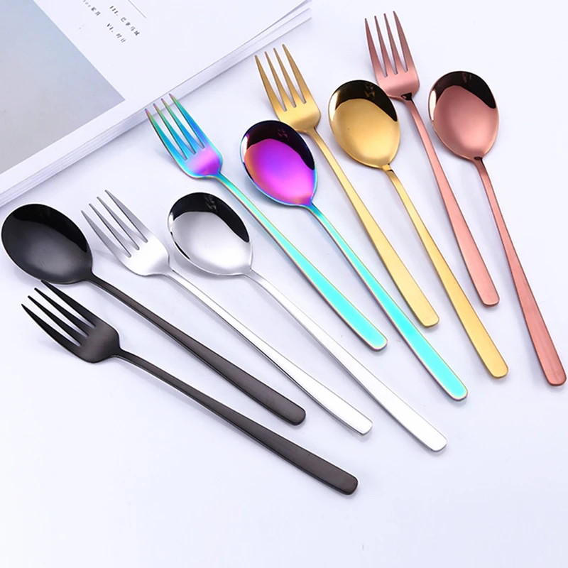 Customized Korea Spoon and Fork Colorful Long Handle Korean Kitchen Table Spoon Fork Set