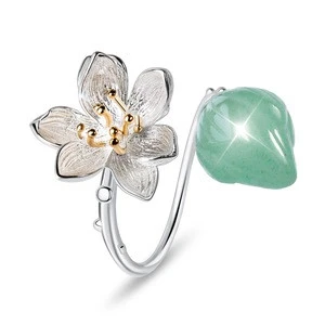 Design Custom Handmade women Fine Jewelry Supplies Natural Aventurine Stone Jade Finger Flower 925 Sterling Silver Gemstone Ring