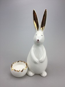Easter Ceramic  Shining White Lovely Rabbit Standing near bowel  Figurines for Garden Decor