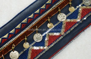 Ethnic style boho trim with fringe, embroidery indian beaded lace trim with copper sheet