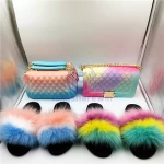 Factory 2022  Fashion Wholesale Soft Luxury Matched Colors Fox Fur Slides Matching Ladies Jelly PVC bag