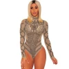 Factory Price Rhinestone Faux Bustier Mesh Sexy Long Sleeve Tight  Bodysuit
