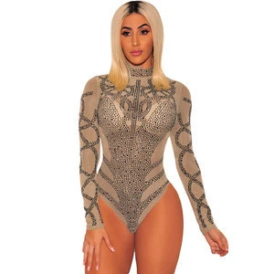 Factory Price Rhinestone Faux Bustier Mesh Sexy Long Sleeve Tight  Bodysuit