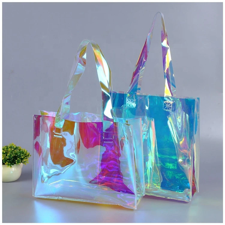 Factory privide custom fashion handle holographic pvc shopping bags
