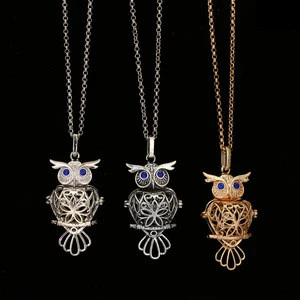 Factory Selling Blue CZ Stone Owl Sweater Chain Lava Stone Essential Oil White Gold Necklace Femma