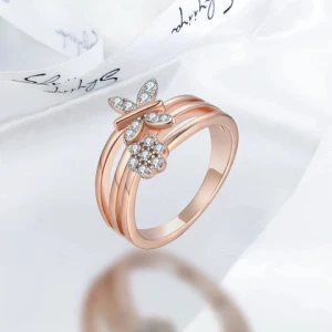 Fashion Jewelry Custom Ring Copper Plated 18k Rose Gold Cubic Zirconia butterfly Ring