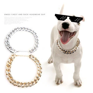 Fashion luxury decorative dog Cuban chain rose gold collar reflective golden PP or Metal dog necklace collar