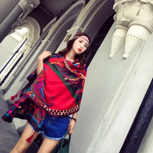 Fashion spring or summer full printed bohemia lady scarf and shawl with tassel