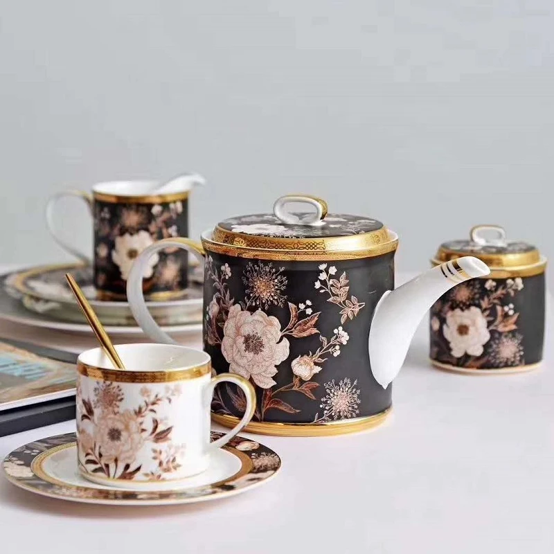 Flower decal porcelain coffee cup set