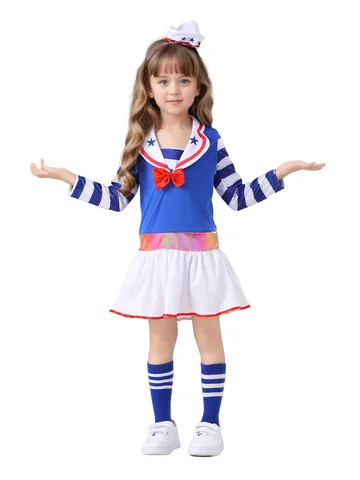 Girls Navy Sailor Costume Kids Child Halloween Blue Red Uniform Fancy Dress main image 1