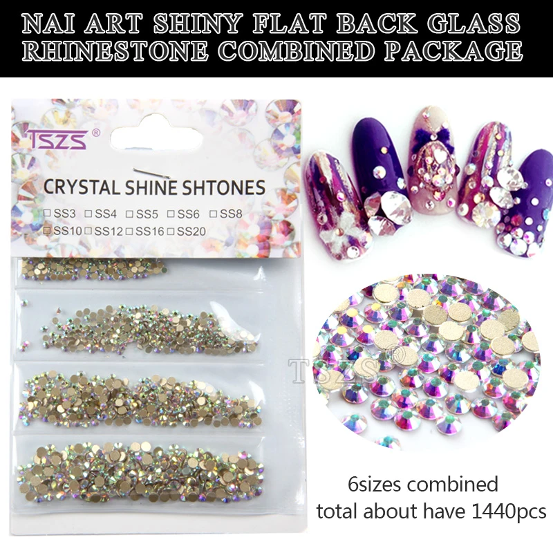 Glitter Crystal Clear AB SS3-SS10 Mix Size Non Hot Fix Flat Back Rhinestone Glass Stone Nails Decoration 3D Art Nails
