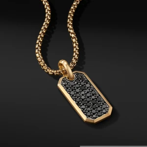 Gold Plated Elongted Pendant Pave Black Diamond Tag Necklace Men