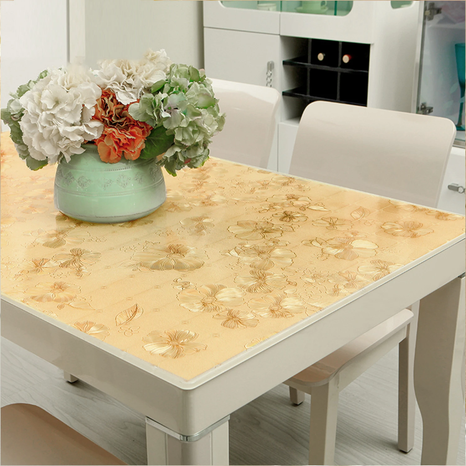 Gold Stamping Floral Design Plastic Table Cloth PVC Table Protector