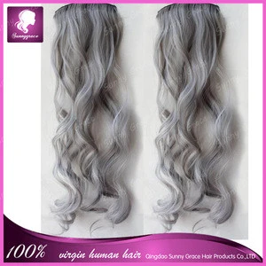 Grade 8A Brazilian virgin human hair silver grey hair extensions with clips