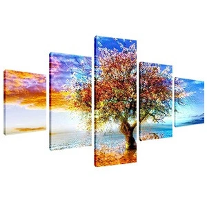 Group Art Painting Life Tree Custom Print Canvas 5 Panels Wall Decor Picture